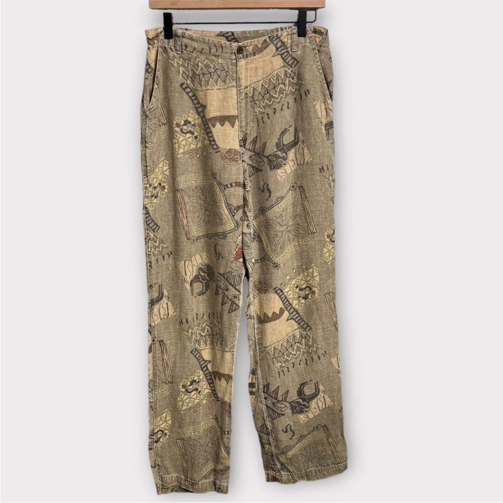 Chico's Aztec Print Linen Trouser Pants Hieroglyphics Art To Wear Lagenlook